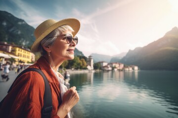 Fototapeta premium Smile senior woman tourist. Travel vacation. Generate Ai
