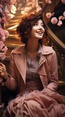 Asian woman, Auburn hair, Pixie Cut style, Dusty Rose Robe, spiral staircase, Mystical, Leaning, Laughing 