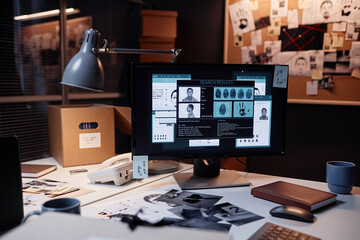 Background image of computer with personal file on desk in detectives office, copy space