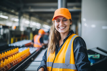 Portrait of female factory worker standing near production line at drinks production factory