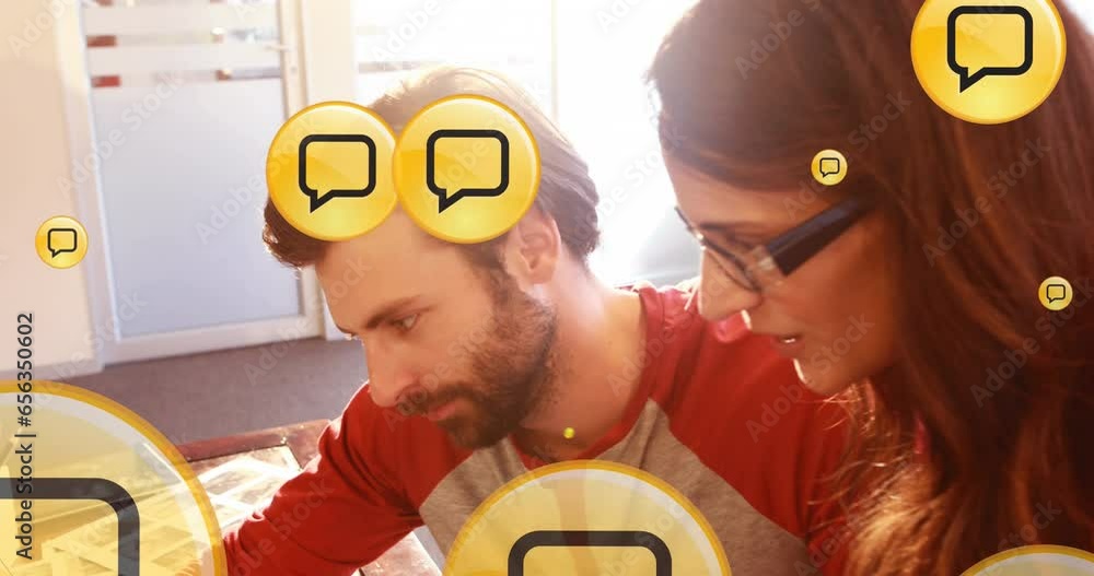 Poster animation of digital icons with data processing over diverse business people in office