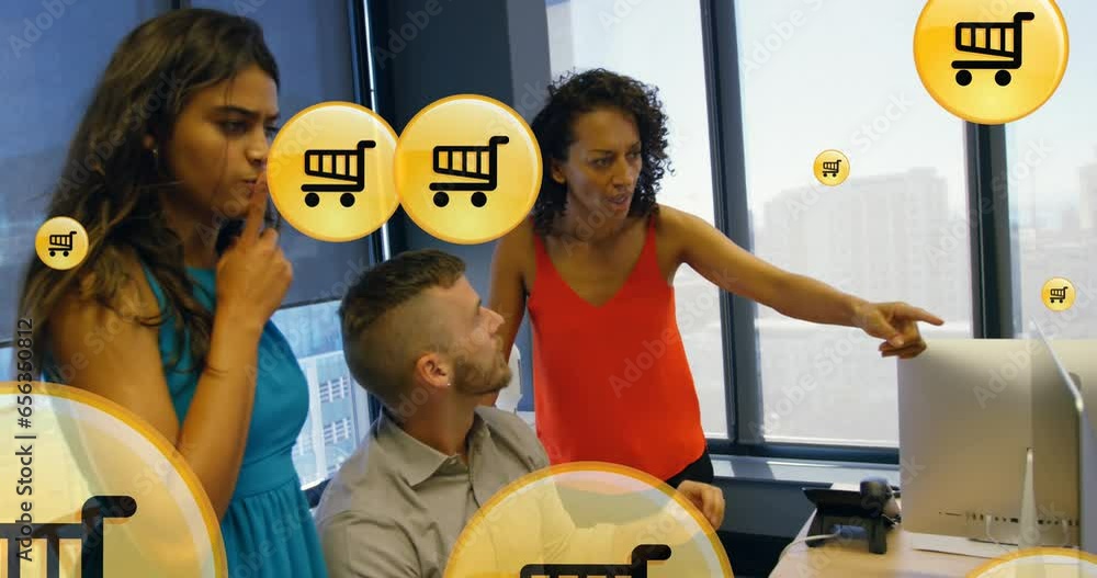 Poster animation of digital icons with data processing over diverse business people in office