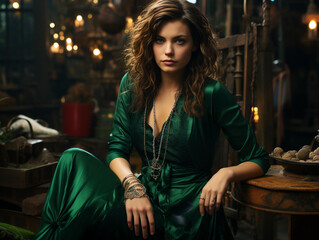 Caucasian woman, Brunette hair, Dreadlocks style, Emerald Green Robe, tarmac, Elegant, Sitting, Serious 