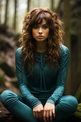 Caucasian woman, Brunette hair, Curly style, Teal Turquoise Athletic Wear, forest, Mystical, Sitting, Serious 