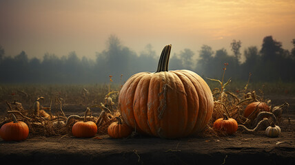 huge ripe orange pumpkin, autumn festive background, halloween calendar, nature harvest, fictional computer graphics - obrazy, fototapety, plakaty