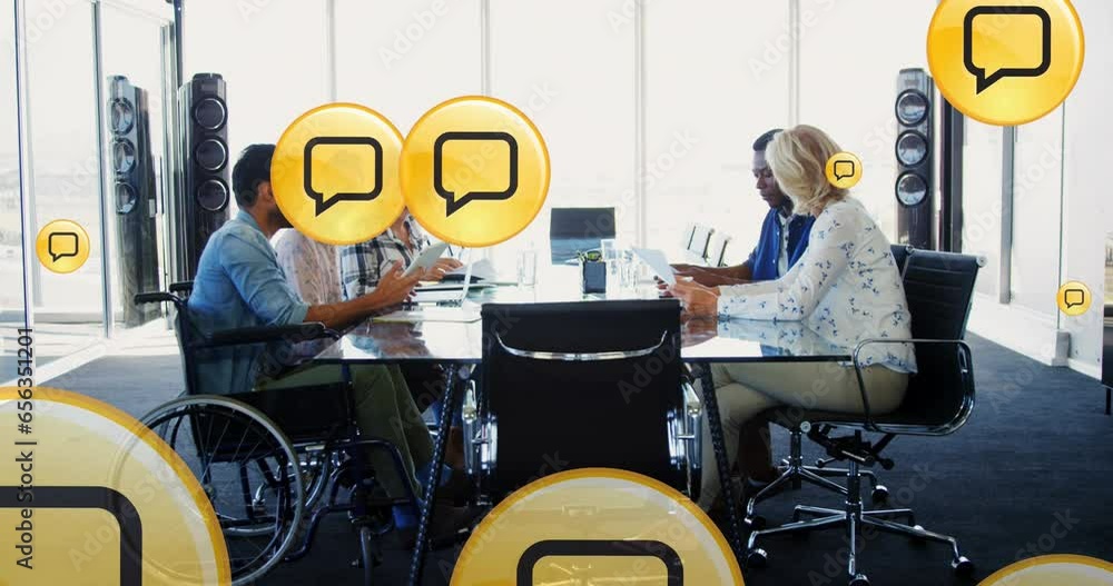 Poster animation of digital icons with data processing over diverse business people in office