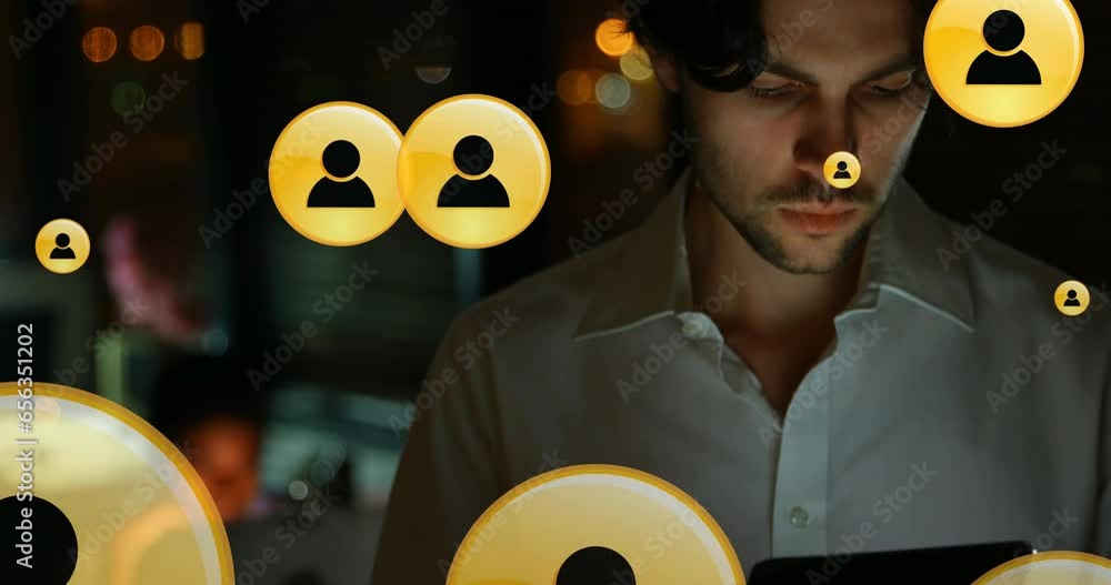 Poster animation of digital icons with data processing over caucasian businessman in office