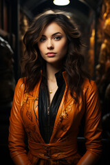 Caucasian woman, Brunette hair, Long style, Tangerine Orange Leather, museum, Mystical, Leaning, Serious 