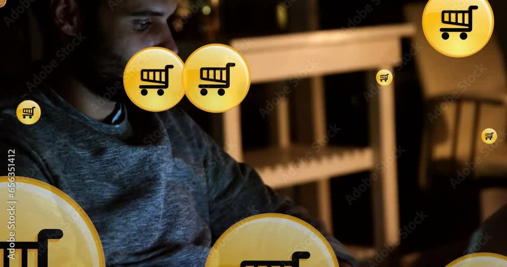 Poster animation of digital shopping icons with data processing over caucasian businessman in office