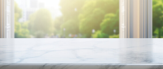 Empty white marble stone tabletop and blurred bokeh office interior with city view space banner background, for display or montage your products.