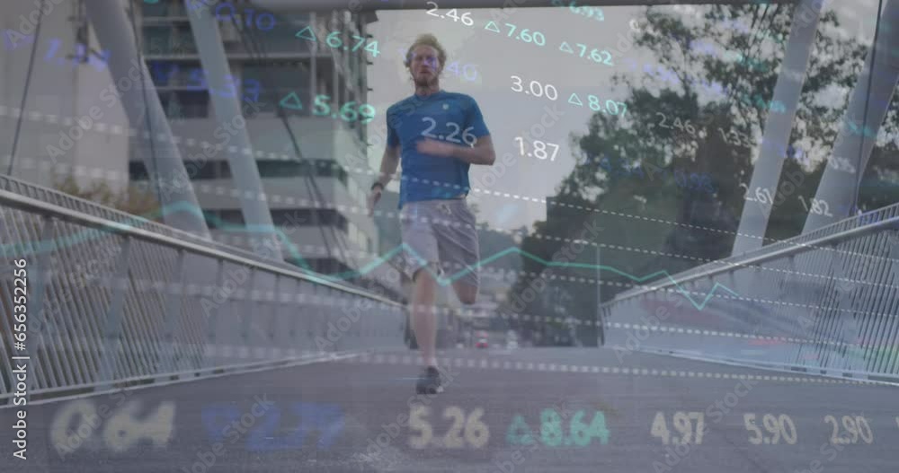 Poster animation of financial data processing over caucasian man running