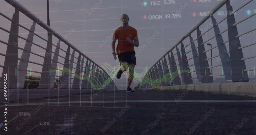Poster animation of financial data processing over caucasian man running