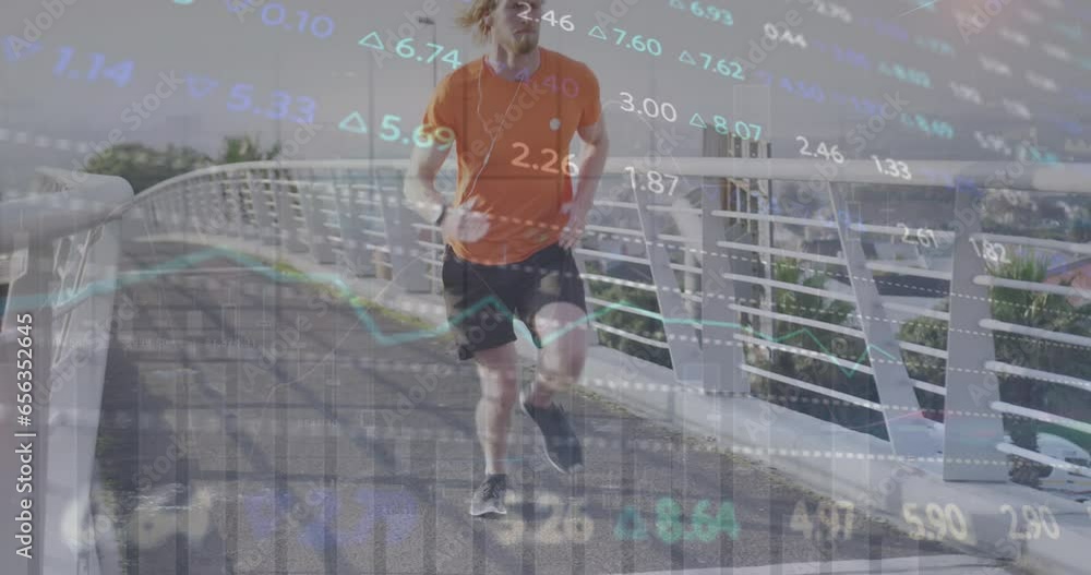 Poster animation of financial data processing over caucasian man running