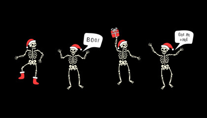 Funny skeletons with Santa hat and speech bubble: give me a hug and boo! New Year cartoon characters vector illustration