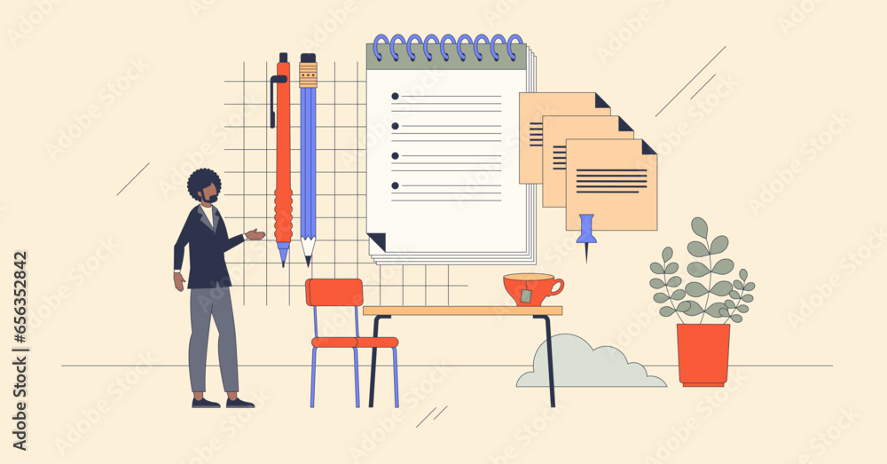 Poster plan and prioritize for effective time management retro tiny person concept. business job schedule w