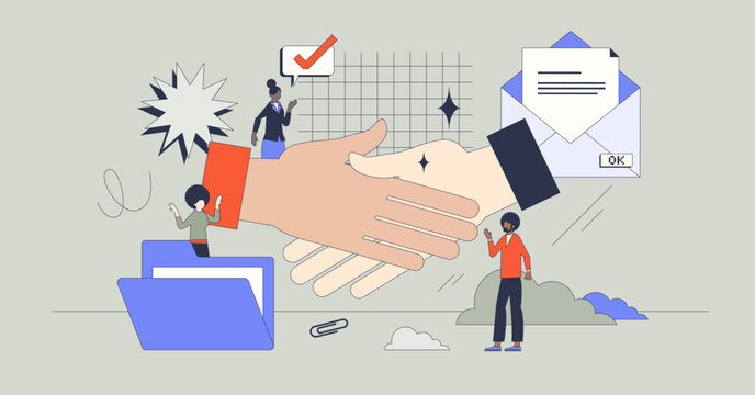 Deal sealed and formal business agreement closing process in retro tiny person concept. Corporate work with partnership or teamwork collaboration vector illustration. Commitment and handshake gesture