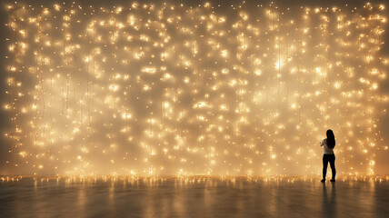 Fototapeta premium the wall is festively decorated with small lights of garlands with a golden glow, against its background there is a person view from the back