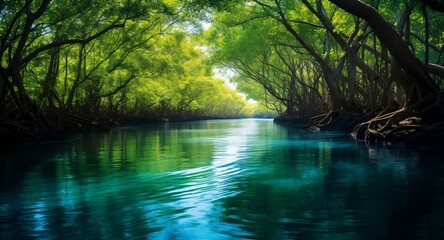 A serene mangrove forest with the calm waters reflecting the trees
