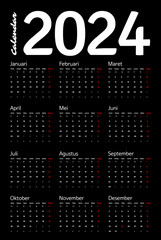 new year 2024 calendar, for corporate, modern and clean, sleek style, vector template format, weeks starts on monday, black background, vertical style