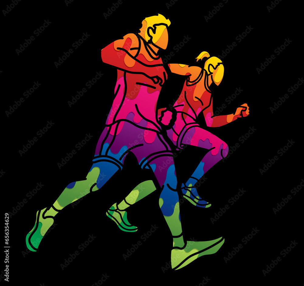 Sticker Group of People Running Together Runner Marathon Male and Female Run Action Cartoon Sport Graphic Vector