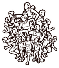 Group of People Running Together Runner Marathon Male and Female Run Action Cartoon Sport Graphic Vector