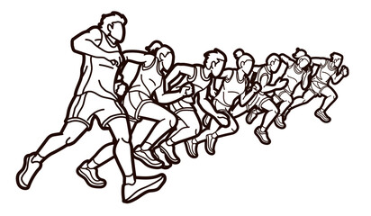 Group of People Running Together Runner Marathon Male and Female Run Action Cartoon Sport Graphic Vector