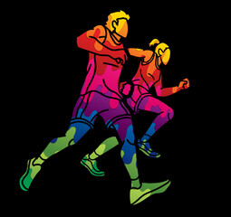 Fototapeta na wymiar Group of People Running Together Runner Marathon Male and Female Run Action Cartoon Sport Graphic Vector
