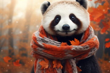 red panda wearing a scarf in autumn