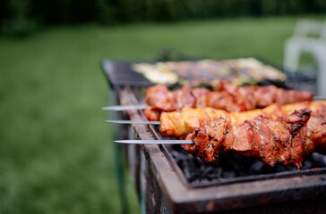 Barbecue beef pork shashlik. Cooking outdoor