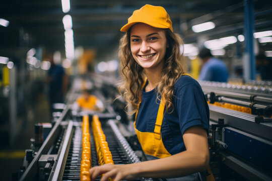 Portrait of female factory worker standing near production line at drinks production factory