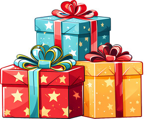 Vector christmas, new year holiday present boxes, gifts pile with bright wrapping, silk ribbon bows on transparent background. Xmas surprise realistic element, winter sale, discounts design symbol