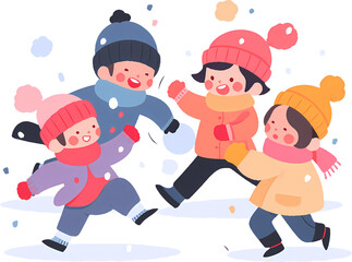 Kids girls, boys friends playing snowball fight together. Children snowballing game, happy trowing snow balls, hiding behind barrier. Winter season outdoor activity. Flat vector character illustration