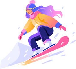 Young woman or girl on snowboard. flat winter.