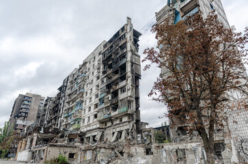 destroyed and burned houses in the city during the war in Ukraine