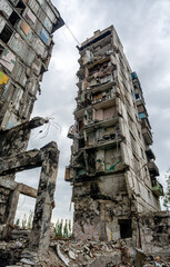 destroyed and burned houses in the city during the war in Ukraine