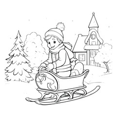  Boy Riding On Sleigh Coloring Page For Kids 