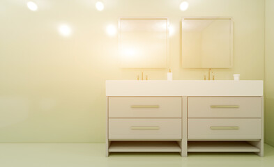 Clean and fresh bathroom with natural light. 3D rendering.. Sunset.
