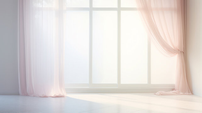 delicate pink curtain translucent silk on the window, interior light soft pastel , decoration wall room