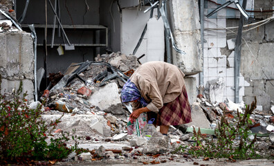 destroyed and burned houses in the city during the war in Ukraine