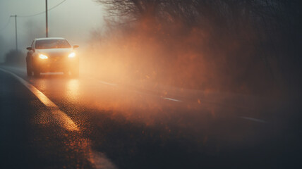 the headlights of a car on an autumn road in fog, the weather is a dangerous road in November - obrazy, fototapety, plakaty