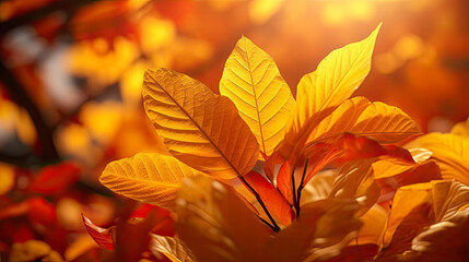 Autumn leaves background. Beautiful nature scene with sunbeams and bokeh