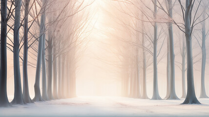 winter landscape, view of the alley in the park in the morning fog at sunrise in the rays of the sun and blue, abstract winter nature background