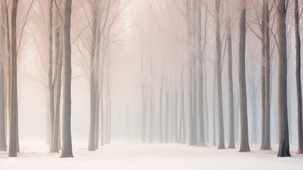 winter landscape, view of the alley in the park in the morning fog at sunrise in the rays of the sun and blue, abstract winter nature background