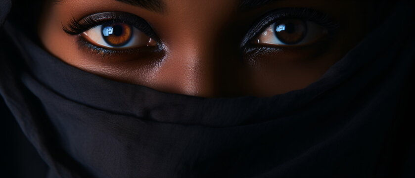 Close up portrait of young Woman muslim in black burqa with hidden face. female brown eyes and face covered. Oriental girl in a burka. Straight look, expressive eyes, close-up portrait. Generative ai