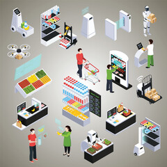 supermarket isometric set vector shop building cartoon with mini store symbols isolated vector illustration shopping mall icons set  future