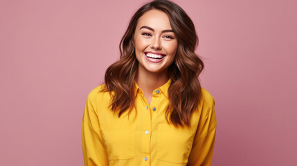 A happy beauty business girl, who is smiling and laughing wearing bright clothes on bright solid light color background. Generative Ai - obrazy, fototapety, plakaty