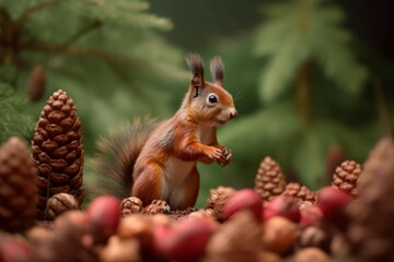 Squirrel cones forest. Nature autumn animal. Generate Ai