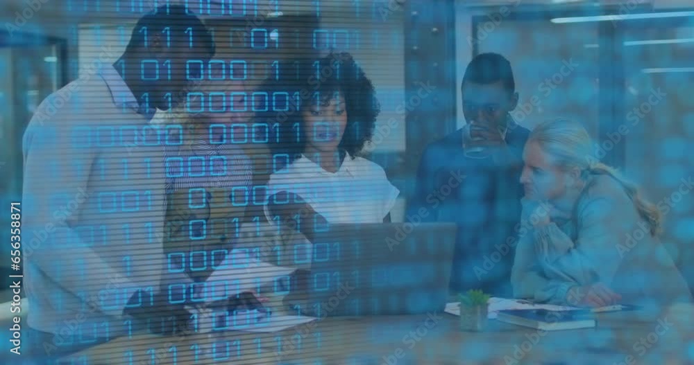 Aufkleber animation of binary coding data processing over diverse business people in office