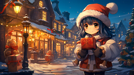 Chica Anime Navidad nieva - Paisaje navideño estilo anime - Luces de navidad, gorro navidad - obrazy, fototapety, plakaty