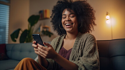 An excited happy young black woman holding smart phone device sitting on sofa in the living room at home. Generative Ai - obrazy, fototapety, plakaty